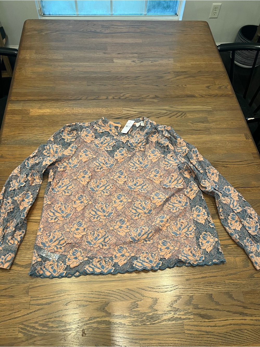 LOFT coral and blue Floral Lace Long Sleeve Top with coral/orange camisol ubder